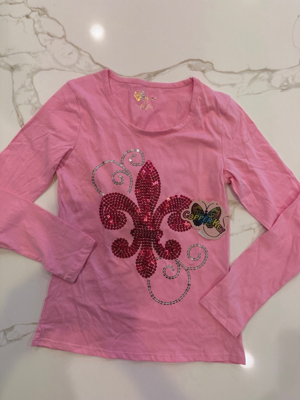 Copper Key Pink Long Sleeve Top with Sequin Fleur-de-Lis